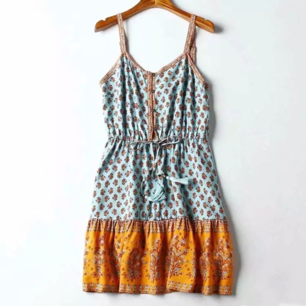 Teal & Orange Floral Ornate Bohemian Gyspy Button Front Tank Summer Casual Dress - Picture 6 of 9